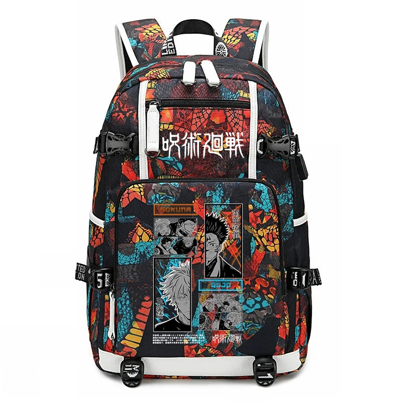 Sac à dos noir à motifs rouges et bleus, bretelles blanches, poche avant zippée