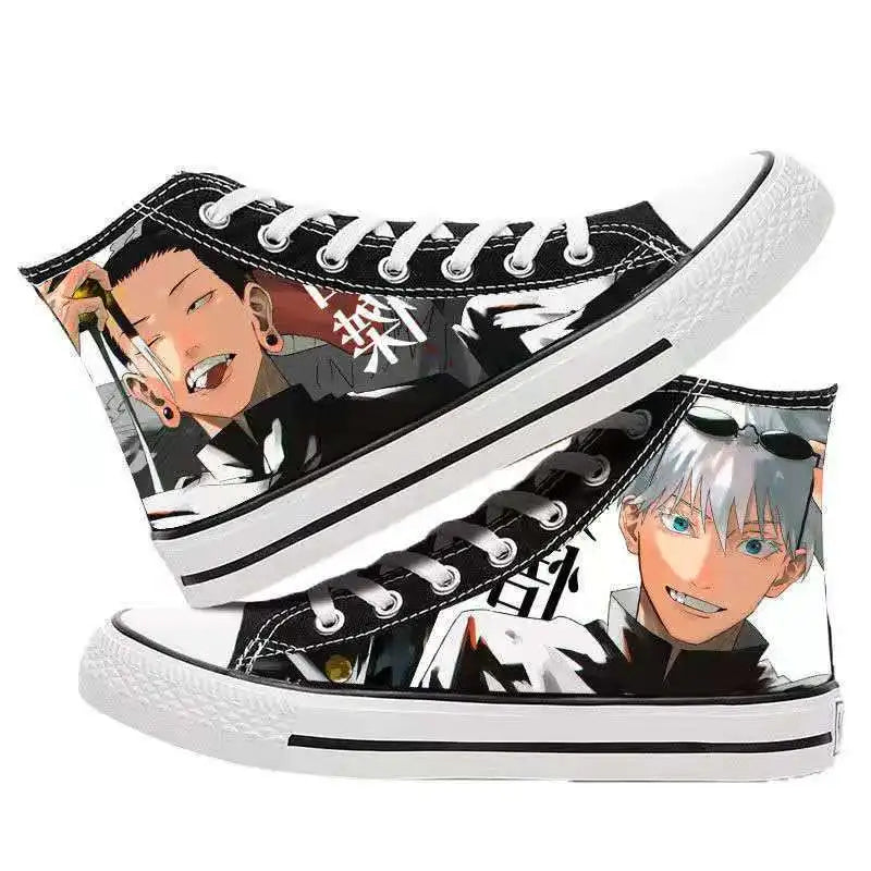 Baskets montantes noires à lacets blanches, semelle blanche, motif Jujutsu Kaisen sur la tige