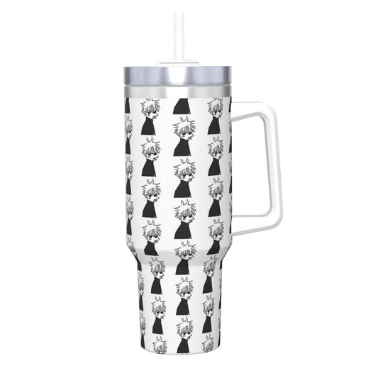 Gourde isotherme avec couvercle argenté, motifs chibi Gojo noirs sur fond blanc