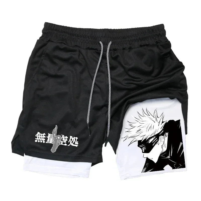 Short Jujutsu Kaisen Gojo Profil Noir et Blanc : noir avec cordon et poche décorative blanc/noir du visage stylisé Gojo