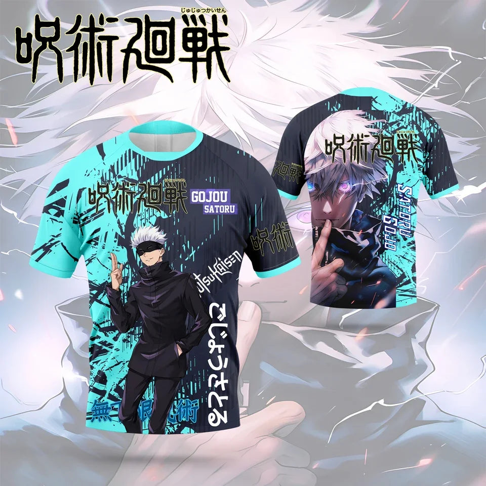 Maillot manches courtes noir et turquoise avec grand motif graphique et personnage.