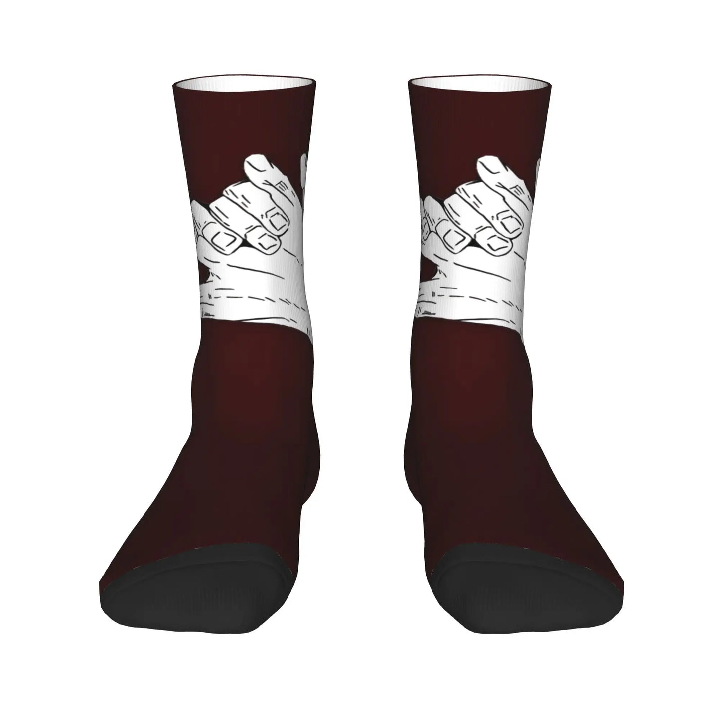 Chaussette bordeaux sombre avec motif blanc, bout et talon noirs.