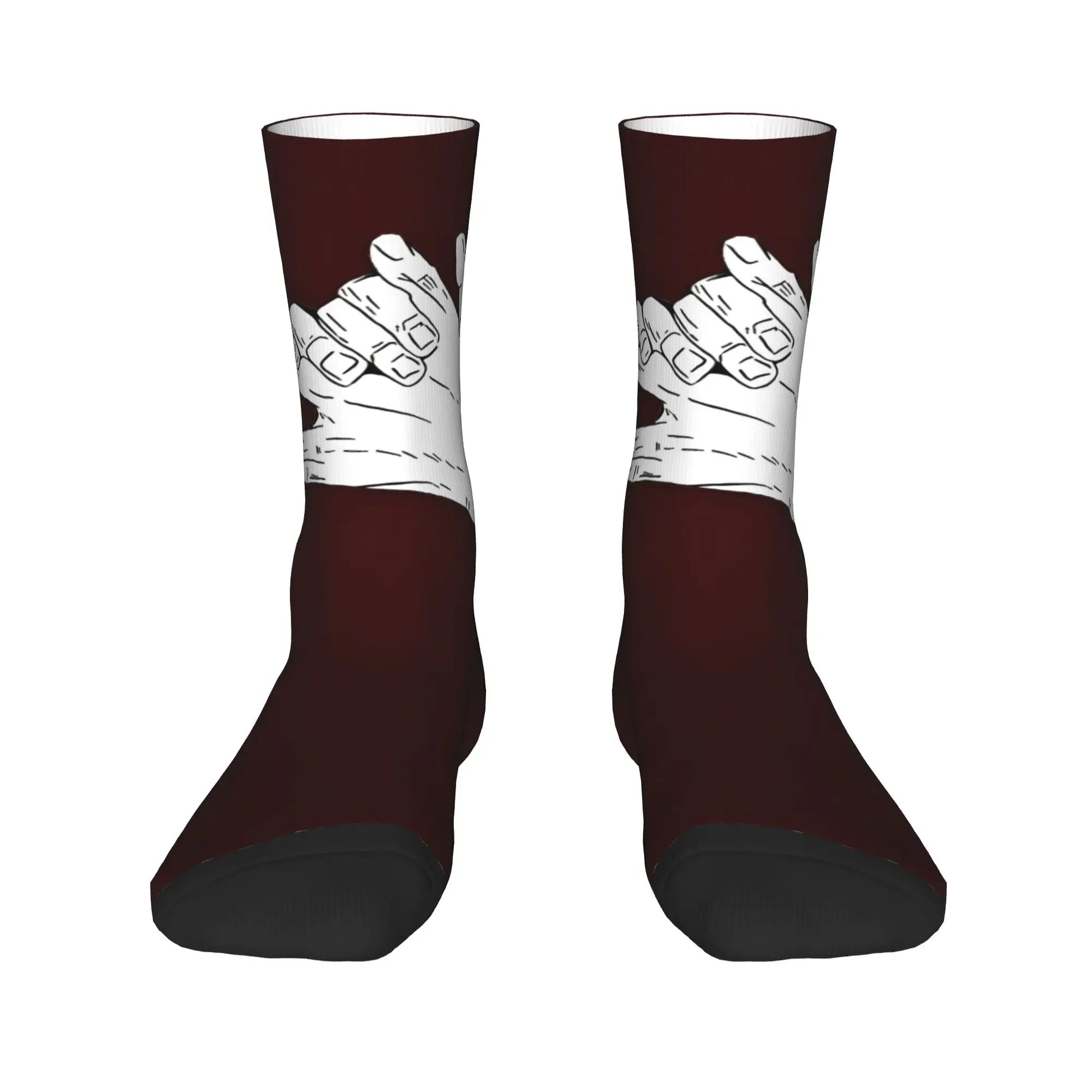 Chaussette bordeaux sombre avec motif blanc, bout et talon noirs.