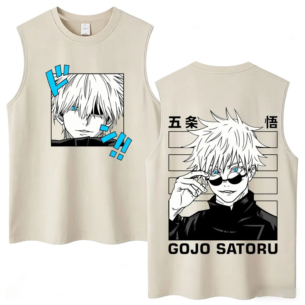 Débardeur Jujutsu Kaisen Gojo Case Manga Lunettes : beige sans manches avec grandes impressions manga Gojo Satoru devant et dos