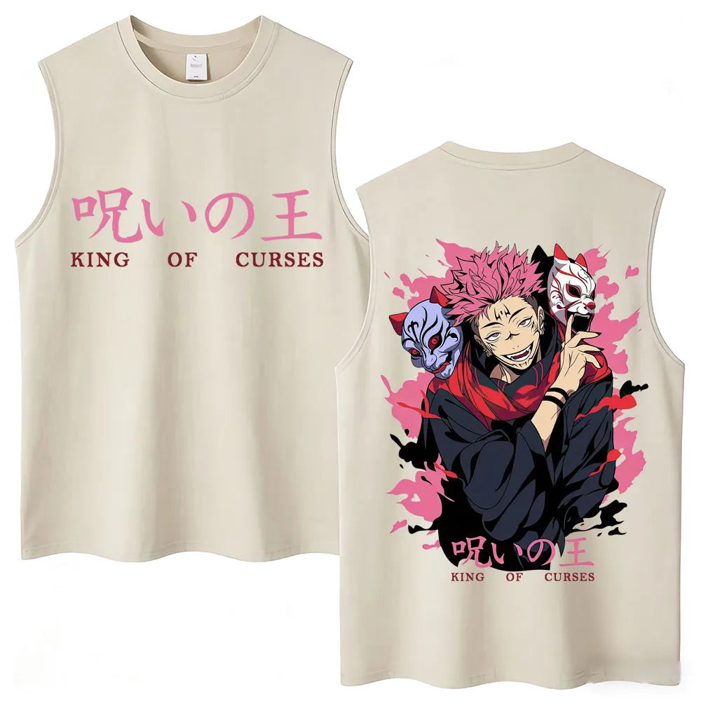 Débardeur Jujutsu Kaisen Sukuna Masques Renard Rose : sans manches écru, imprimé rose et noir d’un personnage « King of Curses »