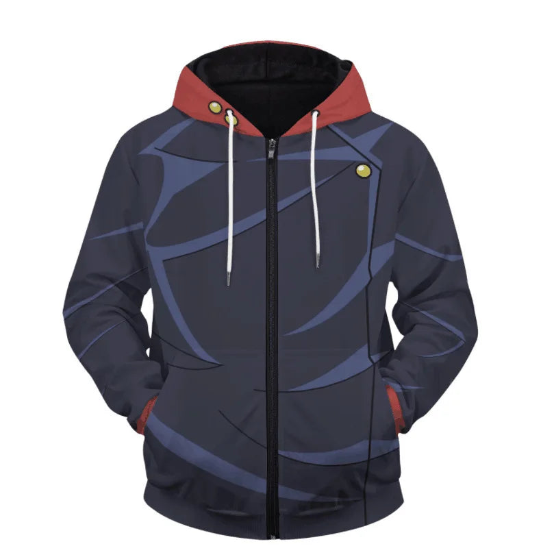 Veste à capuche zippée bleu foncé avec panneaux gris, cordons blancs et bouton doré sur l’avant.