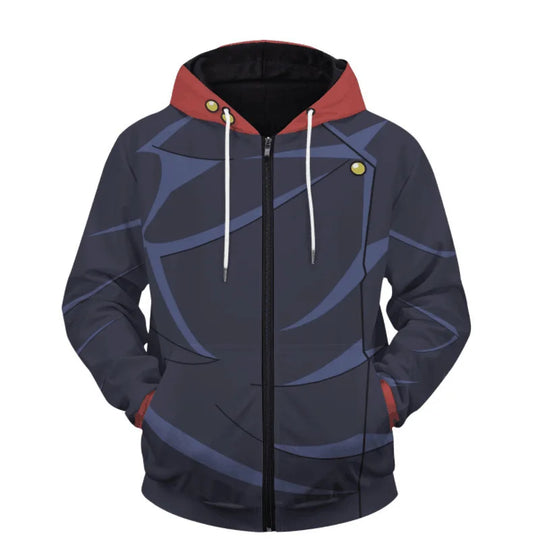Veste à capuche zippée bleu foncé avec panneaux gris, cordons blancs et bouton doré sur l’avant.