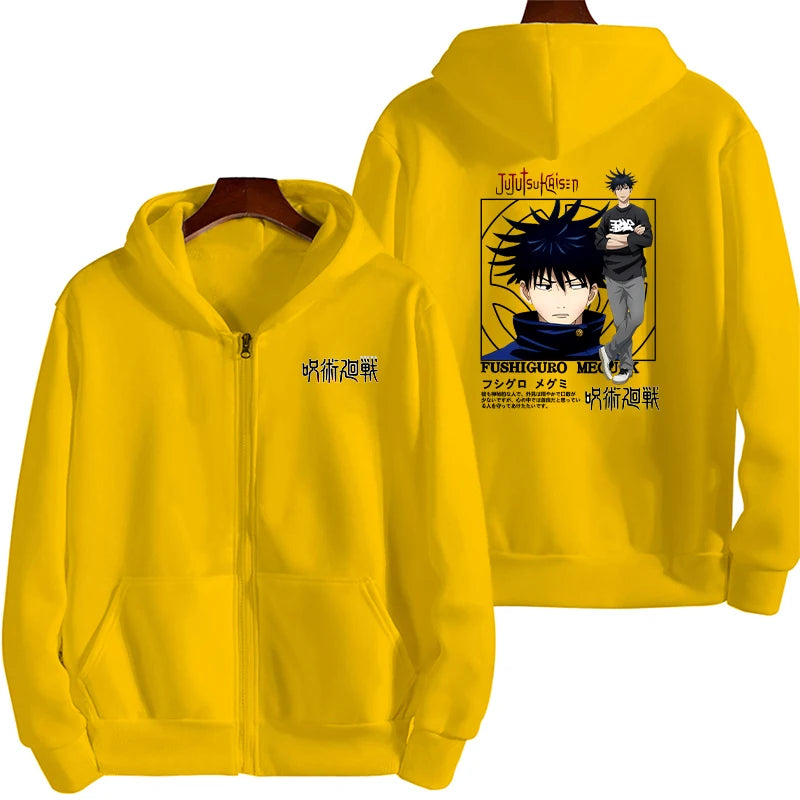 Veste à capuche zippée jaune avec imprimé personnage devant et au dos