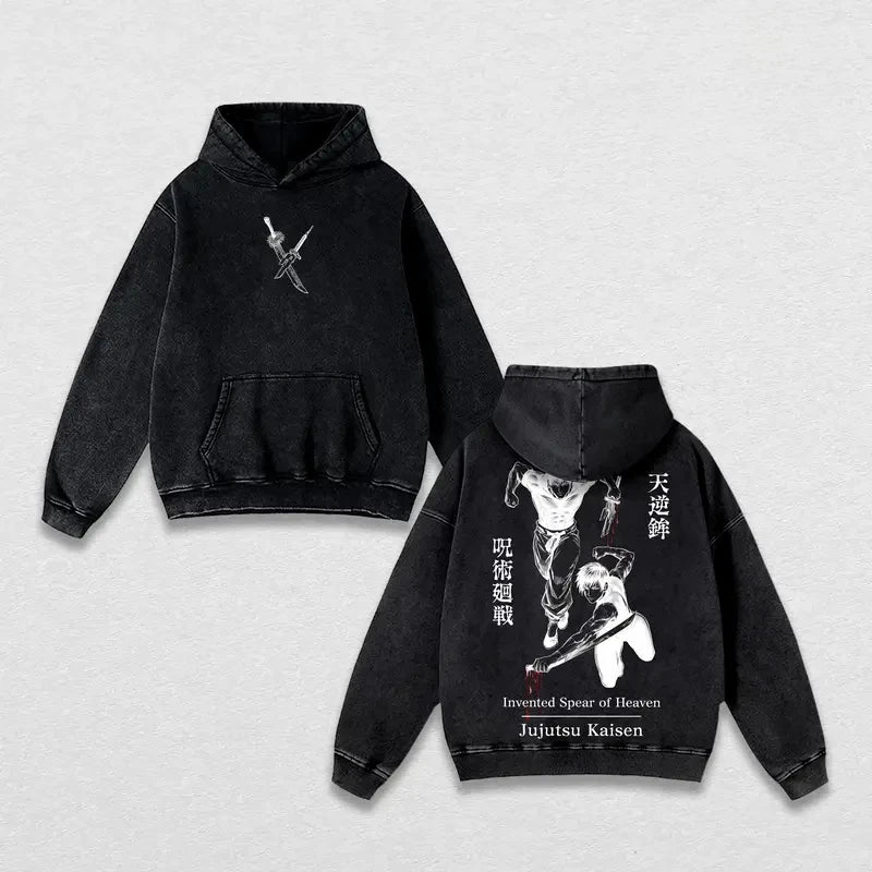 Pull à capuche noir avec poche kangourou et grand motif Jujutsu Kaisen Toji.