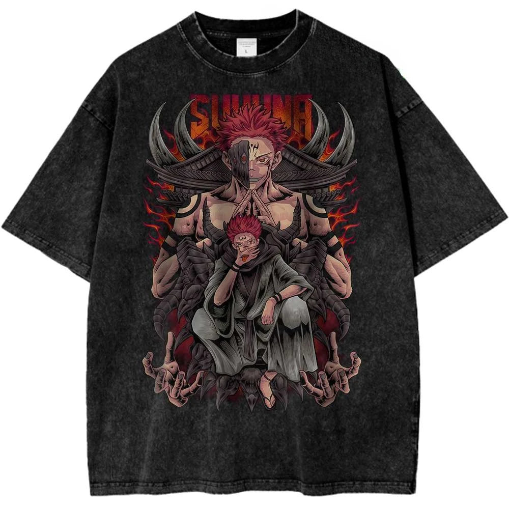 T-shirt noir en coton, imprimé «Sukuna» et personnages, col rond