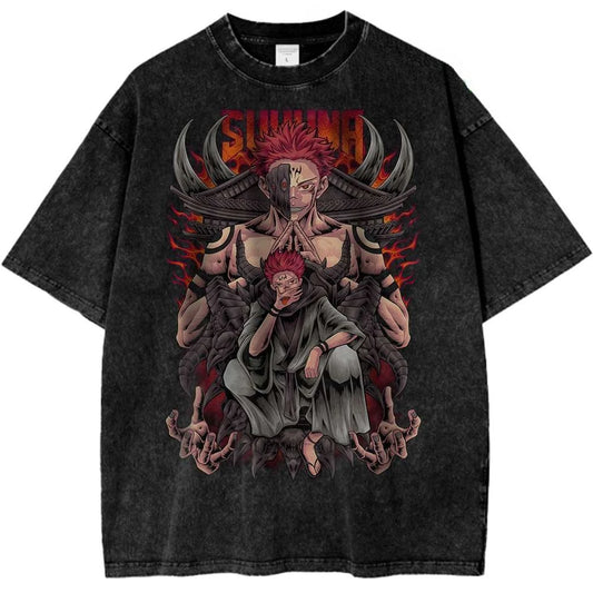 T-shirt noir en coton, imprimé «Sukuna» et personnages, col rond