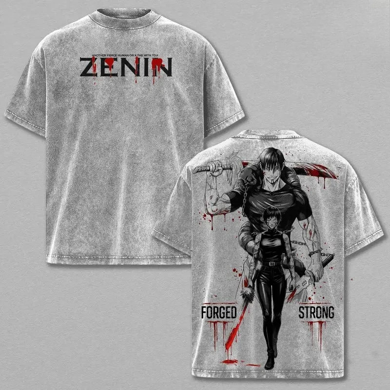 T-shirt gris avec imprimé « ZENIN » devant et illustration personnages au dos