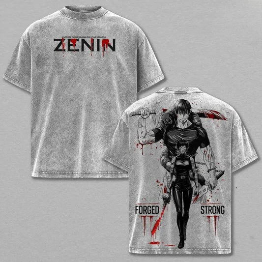 T-shirt gris avec imprimé « ZENIN » devant et illustration personnages au dos
