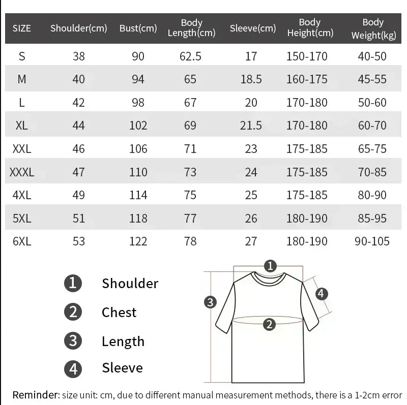 Tableau des tailles pour t-shirt : mesures poitrine, longueur et manches en cm