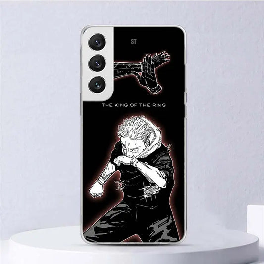 Coque Samsung Jujutsu Kaisen Yuji Roi du Ring : noire avec illustration Yuji et texte « King of the Ring »