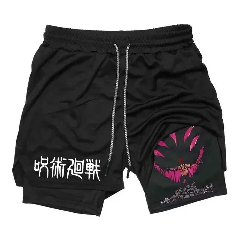 Shorts de sport noirs avec cordon et imprimé rose au bas de la jambe droite.