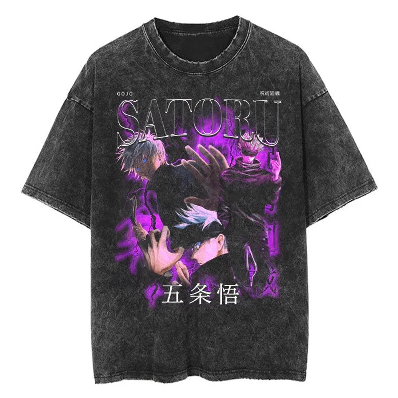T-shirt Jujutsu Kaisen Gojo Affiche Vintage Violet : noir à imprimé Gojo violet, style vintage avec visuels et texte japonais