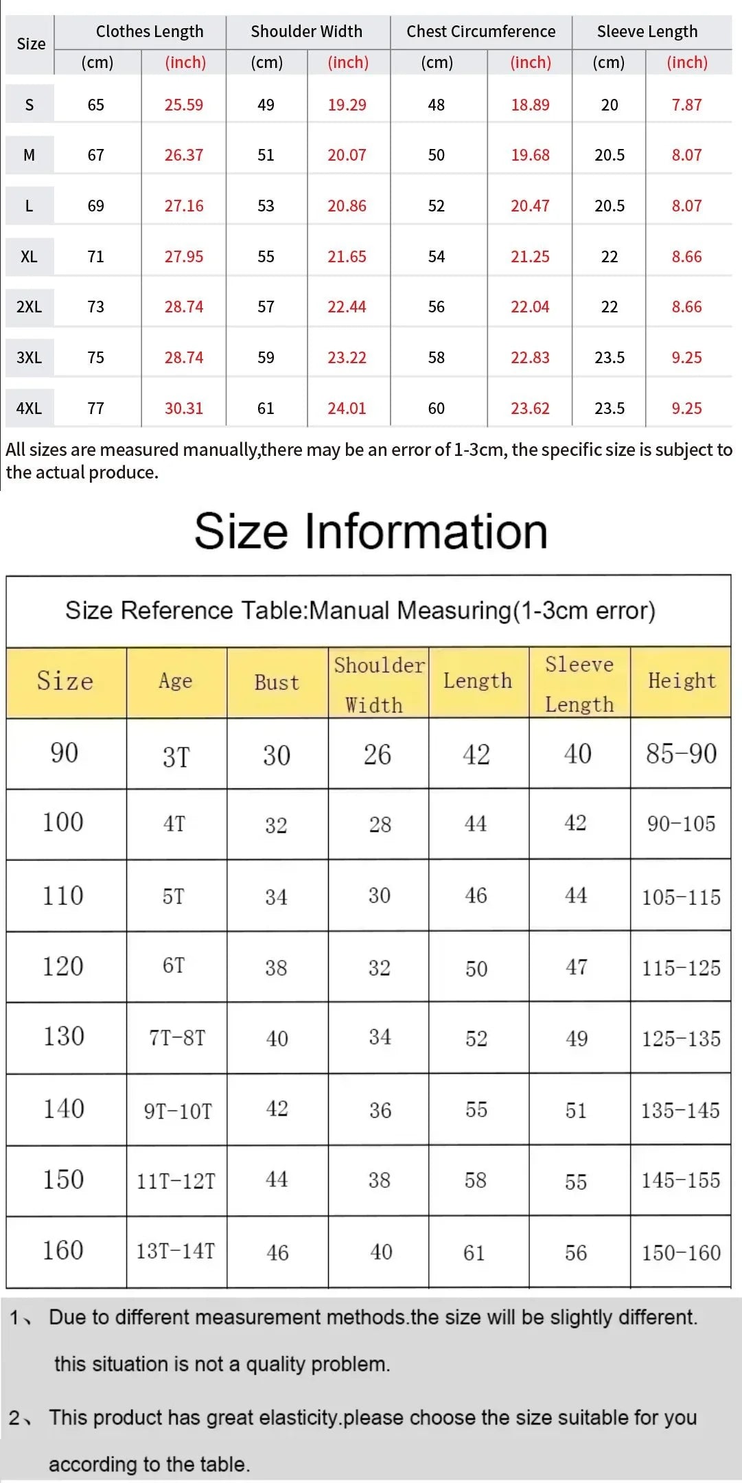 Tableau des tailles t-shirt: longueur, largeur, S à XXXL