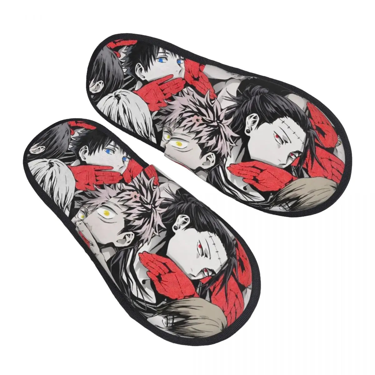 Chaussons imprimés Jujutsu Kaisen, motif collage rouge et blanc, semelle noire