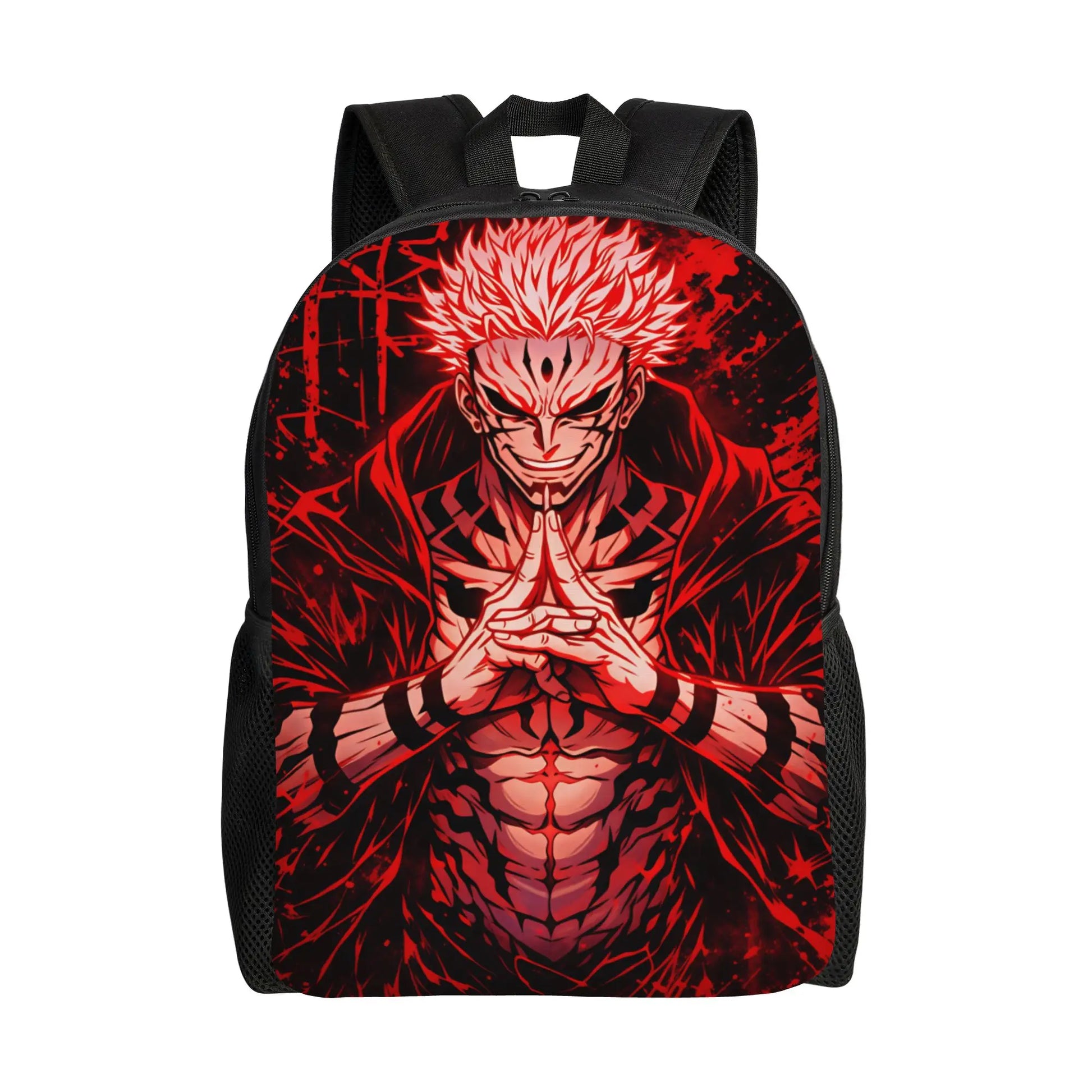 Sac à dos noir à motif rouge Sukuna, mains jointes, bretelles rembourrées