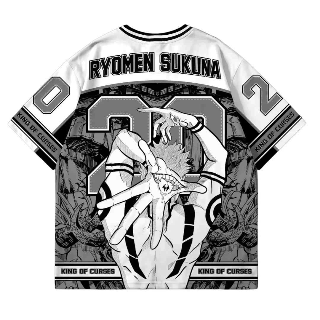 T-shirt col rond blanc, motif « RYOMEN SUKUNA » en noir et blanc