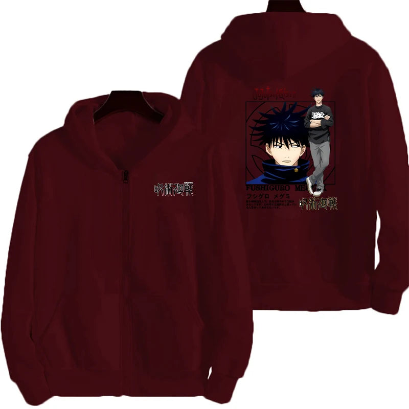 Veste à capuche zippée bordeaux, imprimé manga sur le panneau arrière.