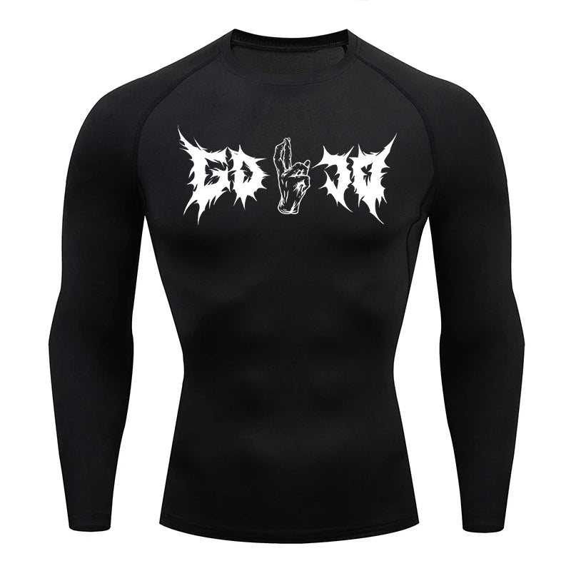 T-shirt compressif noir manches longues, imprimé graphique blanc au buste.