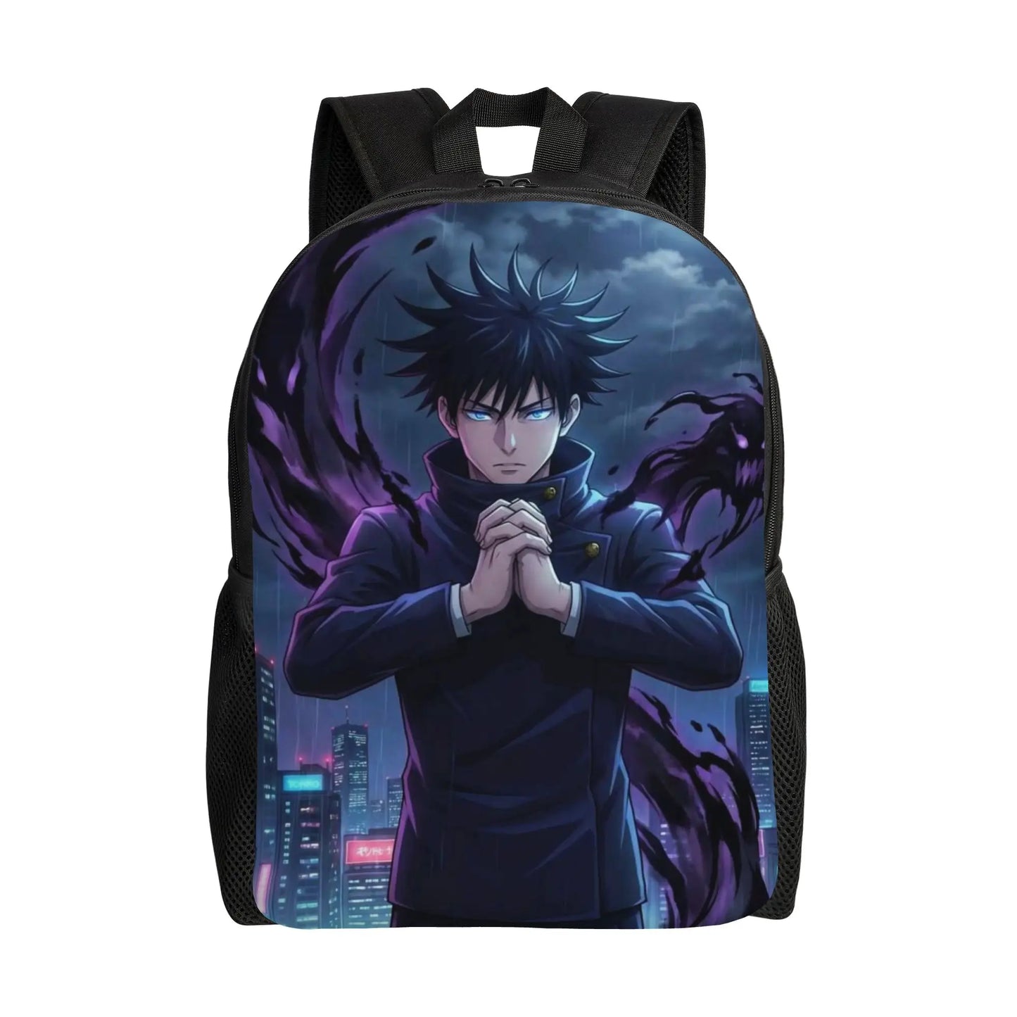 Sac à dos Jujutsu Kaisen noir, impression Megumi bleu-violet au centre.