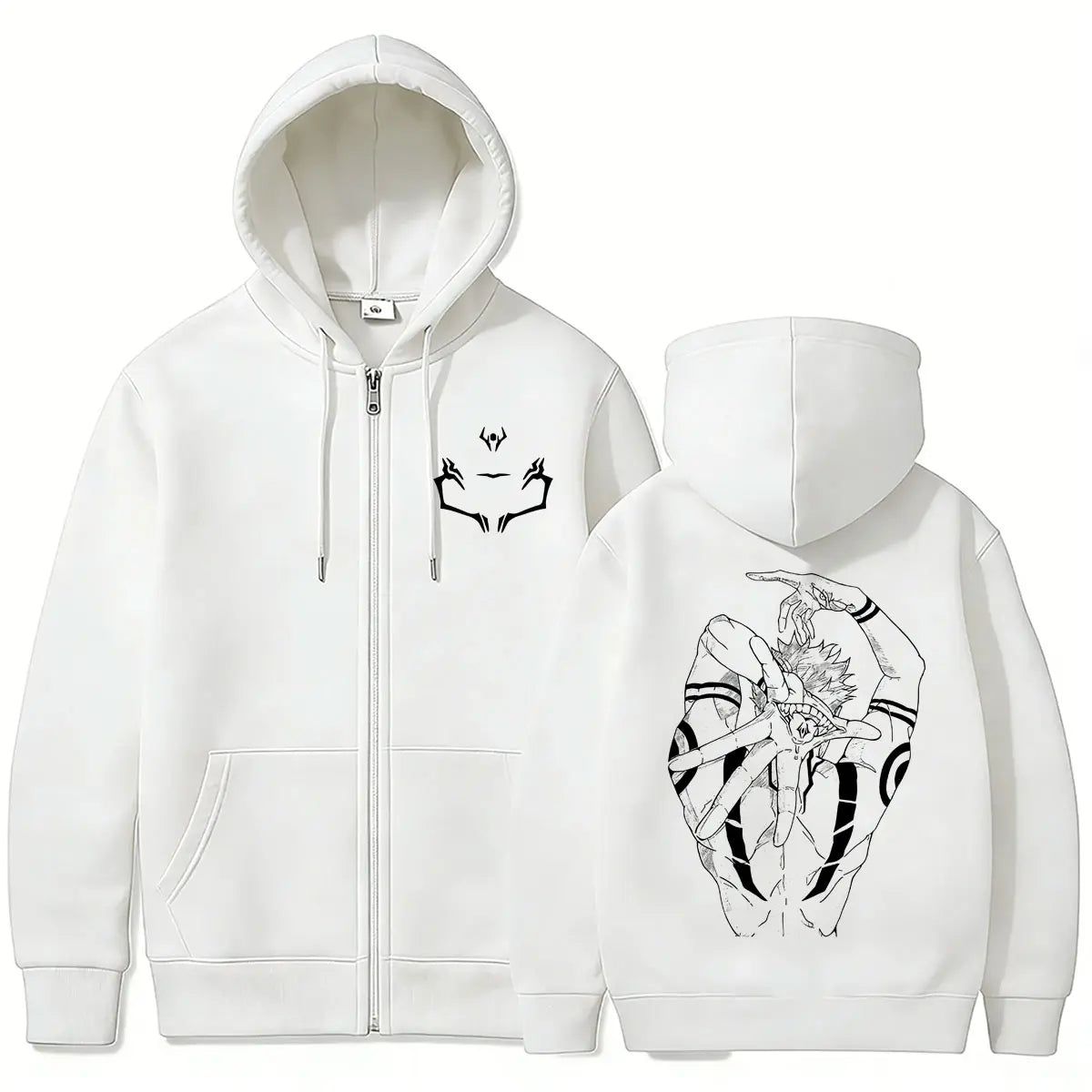 Veste à capuche zippée blanche, imprimé démon aux yeux devant et dos, poches kangourou