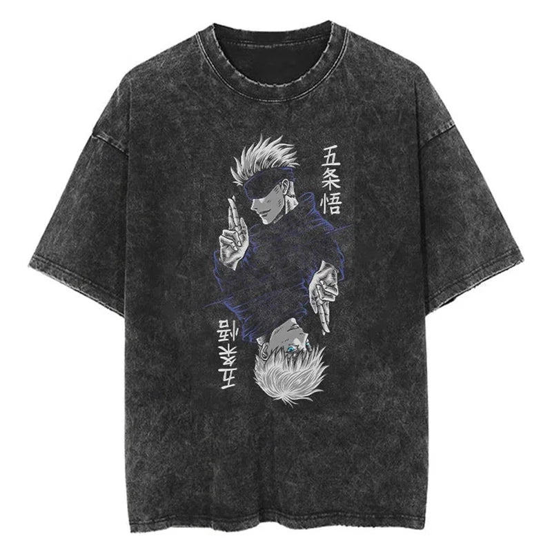 T-shirt Jujutsu Kaisen Gojo Miroir Kanji Nuit : noir délavé à col rond, motif Gojo en kanji et illustration bleue/blanche.