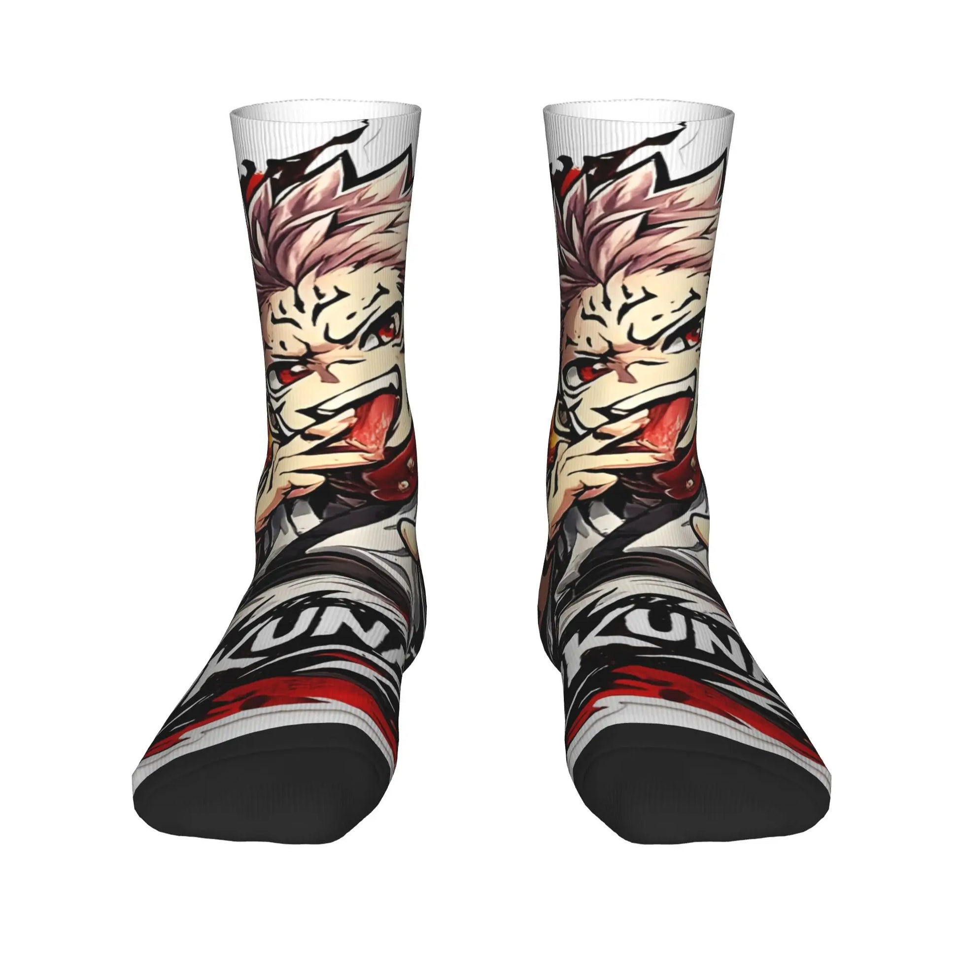 Paire de chaussettes noires et blanches à motif anime Sukuna, bord côtelé.