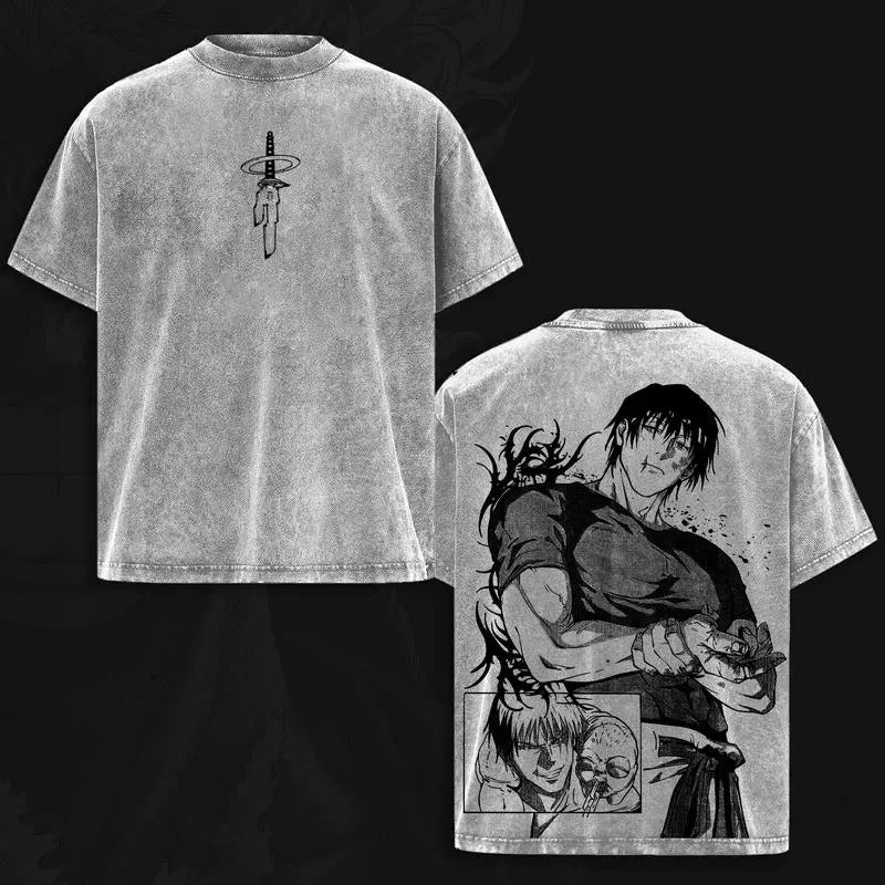 T-shirt gris à manches courtes, impression graphique devant et au dos.