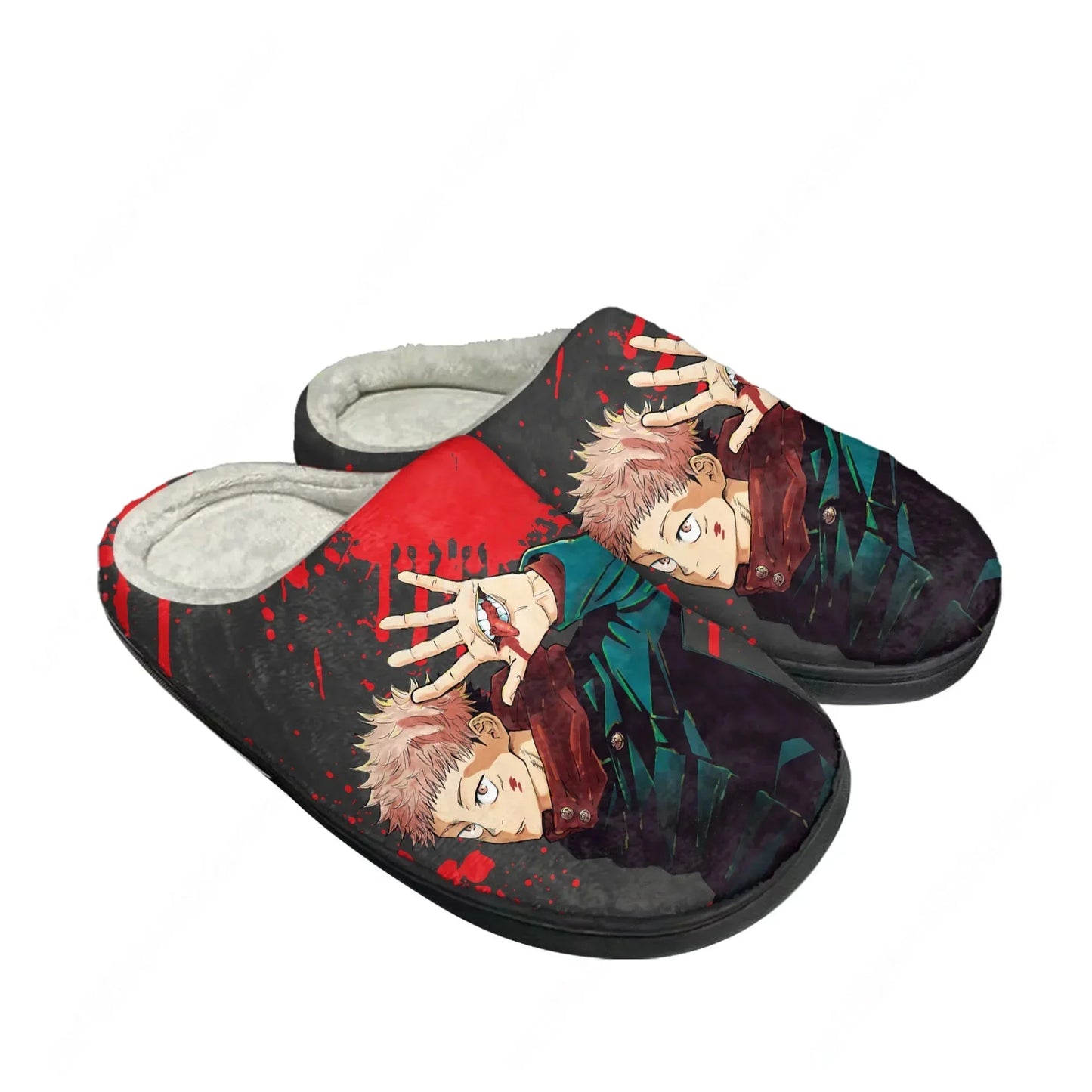Chaussons sombres à motifs anime Itadori Yuji, intérieur gris, à enfiler