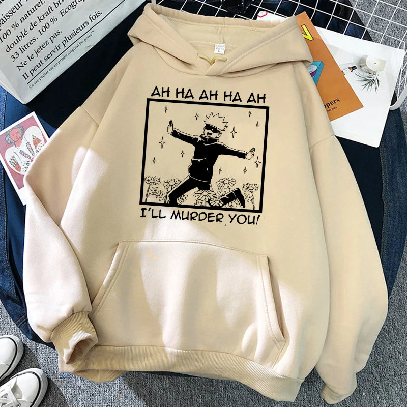 Pull à capuche beige avec imprimé noir devant