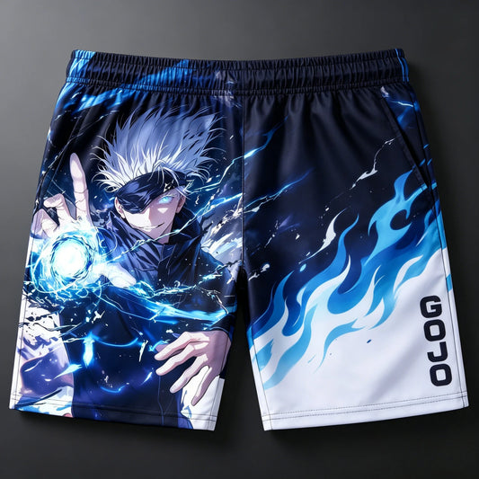 Short bleu foncé avec imprimé Gojo et flammes, taille élastique, coupe mi-cuisse.