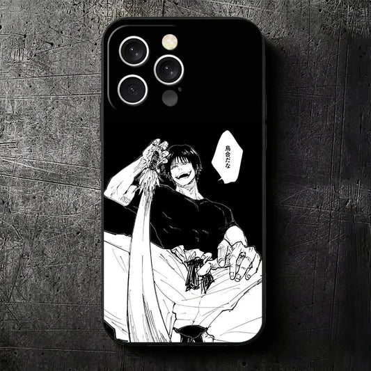 Coque iPhone noire avec illustration en blanc de Toji Fushiguro et découpes caméras