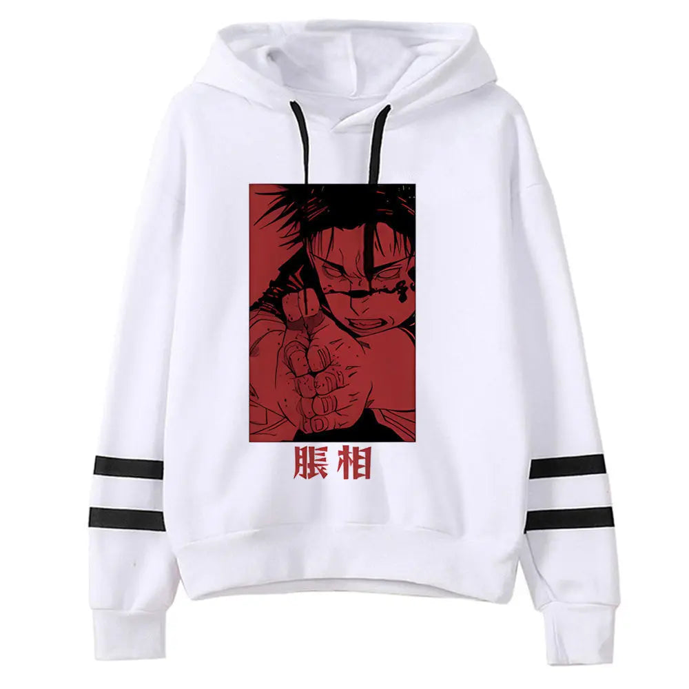 Pull Jujutsu Kaisen Choso Portrait Rouge Sombre : hoodie blanc cassé à capuche, cordons noirs, imprimé portrait rouge sombre au centre