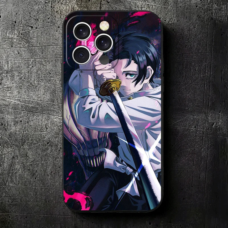 Coque pour iPhone motif anime : personnage cheveux noirs, mains et touches violettes