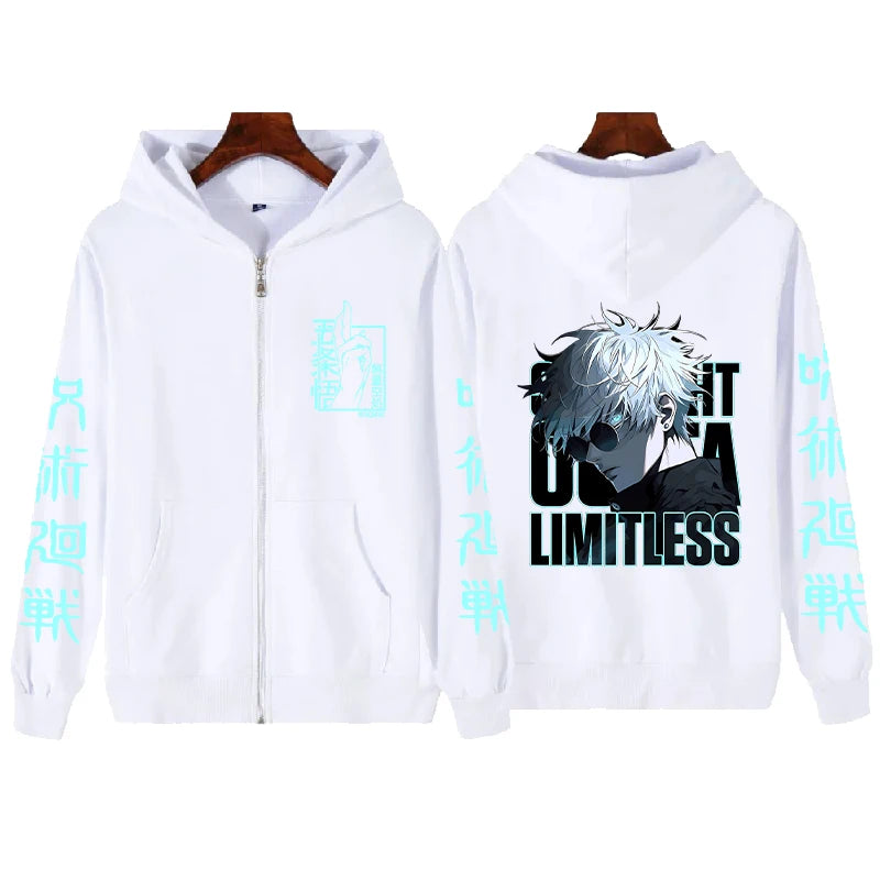 Veste à capuche zippée blanche, personnage et texte « LIMITLESS » sur le devant