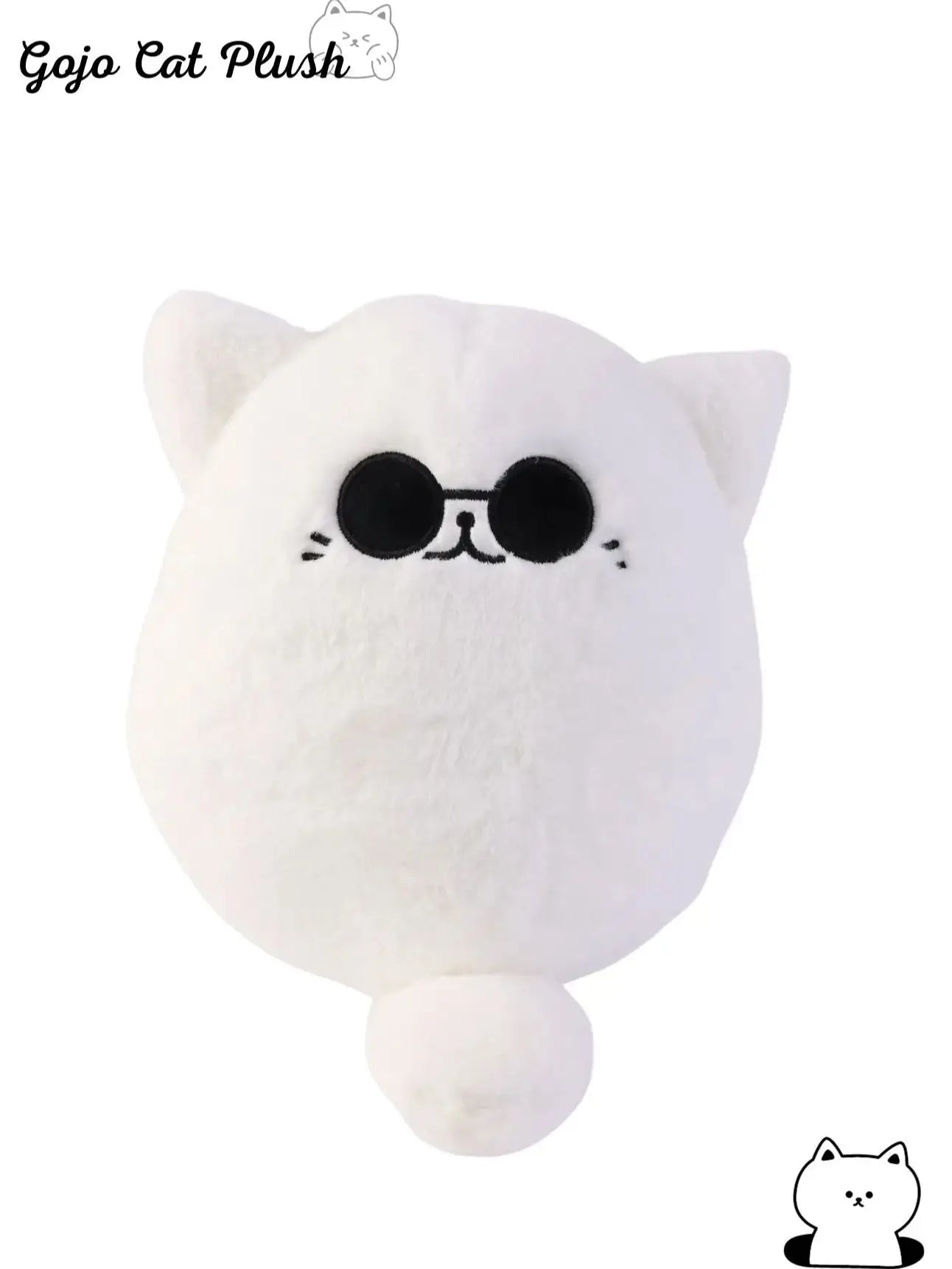 Peluche de chat blanc, visage avec lunettes, yeux noirs ronds, petites pattes