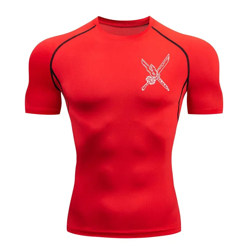 T-shirt de compression rouge, col rond, logo blanc croix d’armes sur la poitrine.