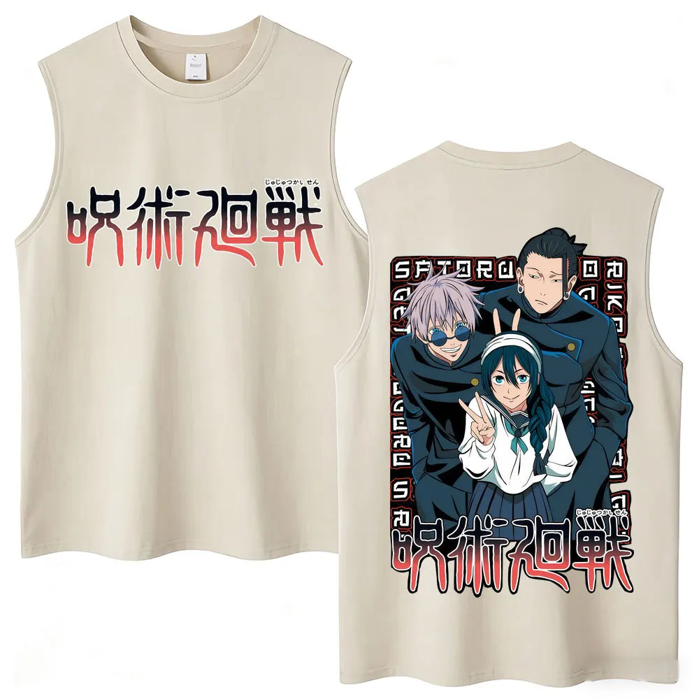 Débardeur Jujutsu Kaisen Riko Amanai Geto Gojo Trio : beige sans manches avec grande illustration manga de trois personnages