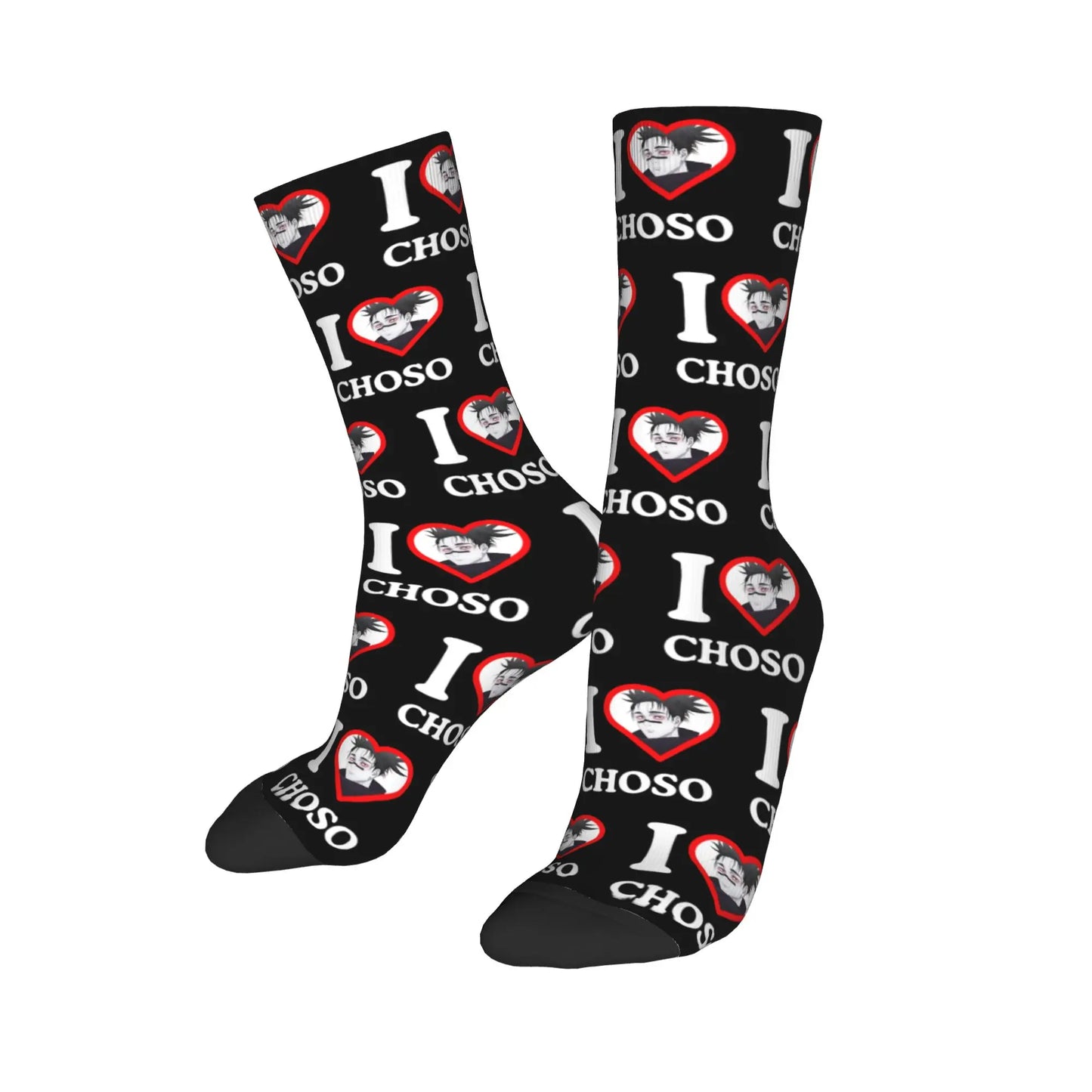 Paire de chaussettes noires décorées de cœurs rouges et du texte « I CHOSO ».