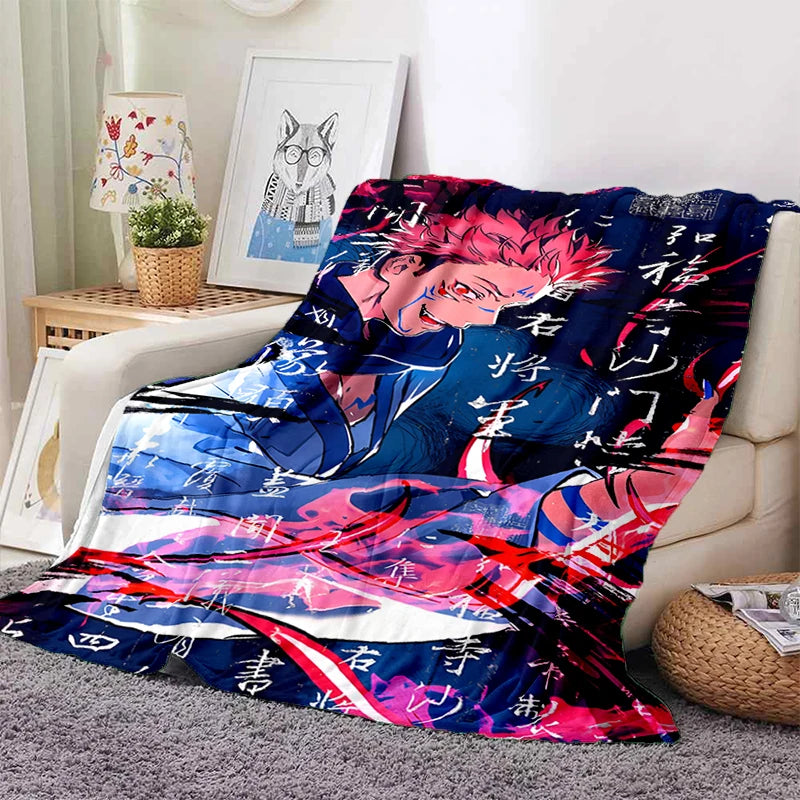 Plaid en tissu bleu marine à motifs de personnages animés, tons rouge et rose
