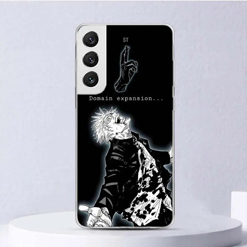 Coque Samsung Jujutsu Kaisen Gojo Domain Expansion : noire avec motif Gojo « Domain expansion… » pour smartphone Samsung