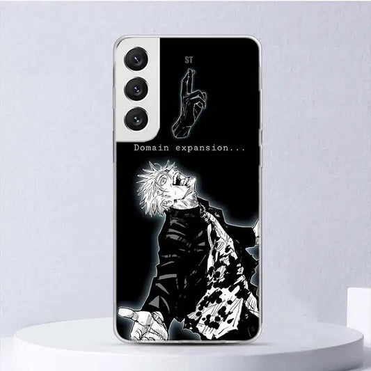 Coque Samsung Jujutsu Kaisen Gojo Domain Expansion : noire avec motif Gojo « Domain expansion… » pour smartphone Samsung