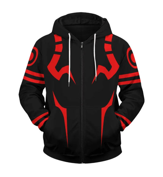 Veste à capuche noire zippée, grand motif rouge au torse et aux manches