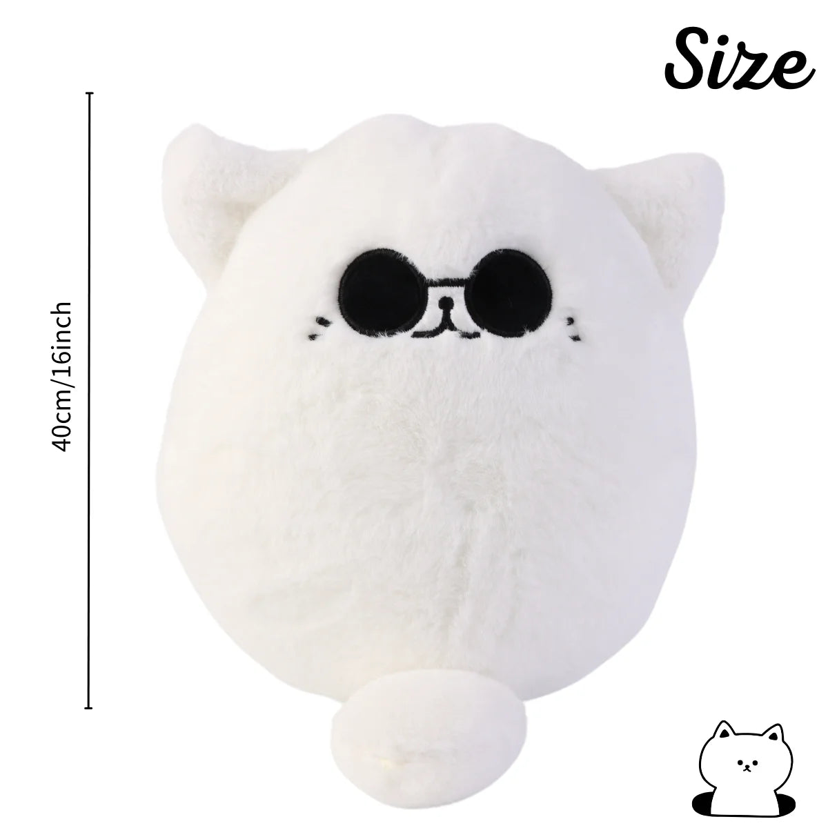 Peluche de chat blanc, yeux noirs ronds, museau avec lunettes, oreilles dressées