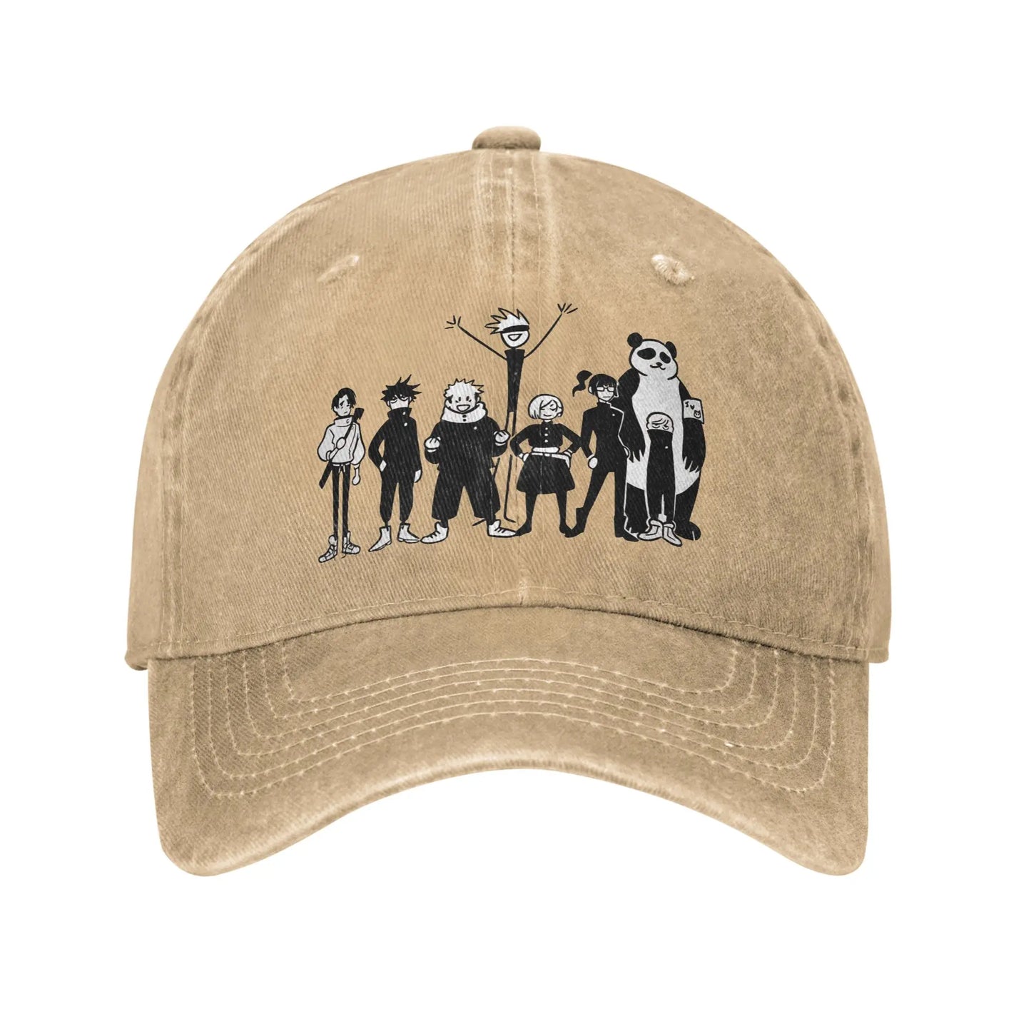 Casquette en coton beige avec broderie de personnages Jujutsu Kaisen sur le devant