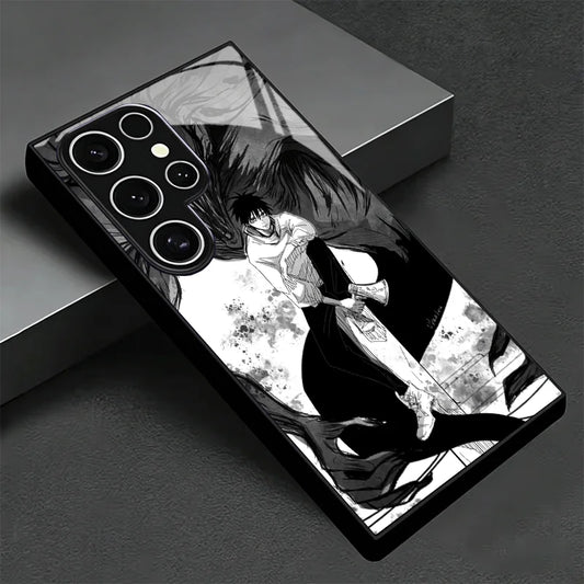 Coque Samsung noire Jujutsu Kaisen avec illustration Yuta en noir et blanc et contours brillants